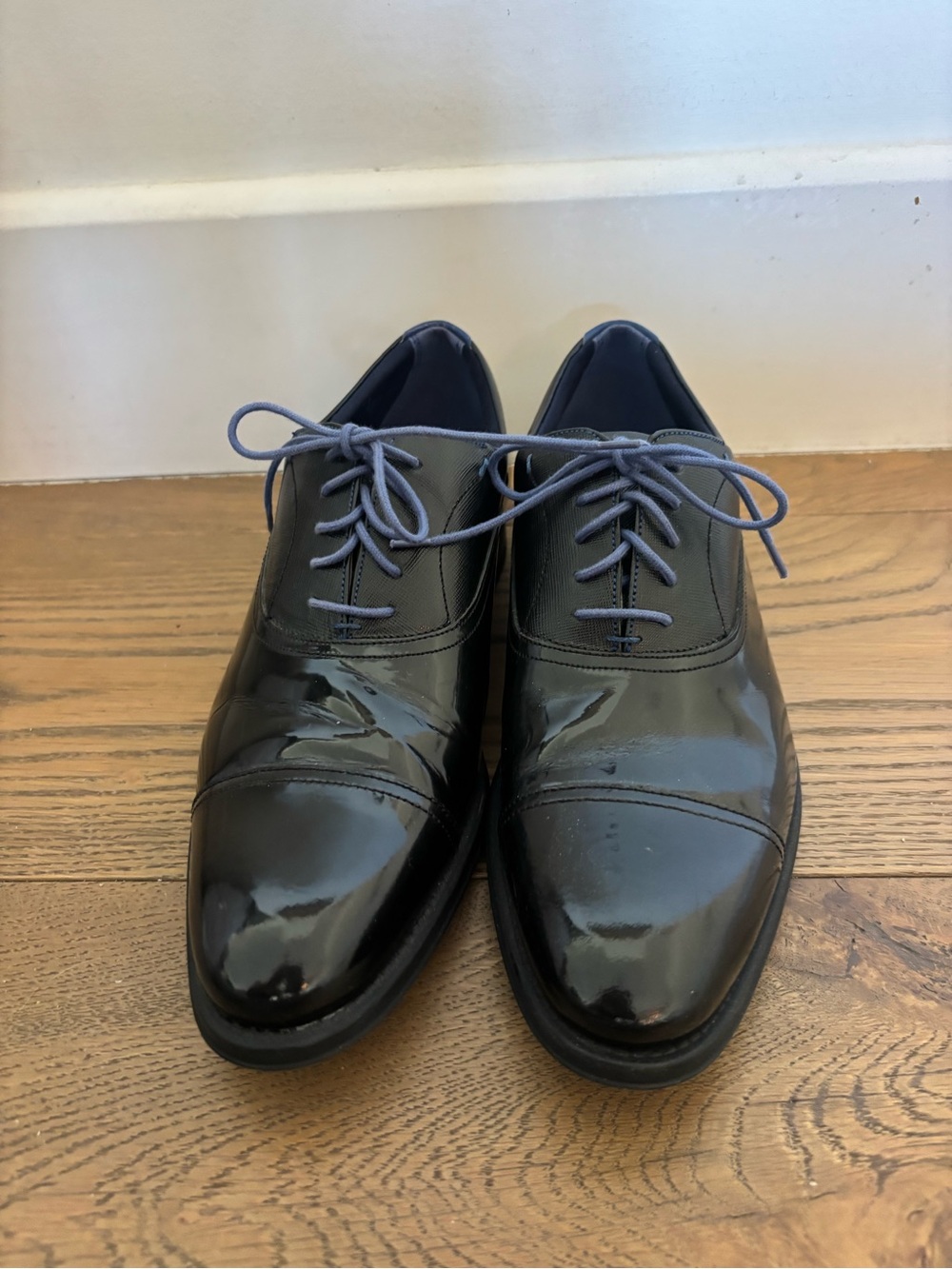 Ted Baker London Black Patent Cap-Toe Oxfords with blue Laces